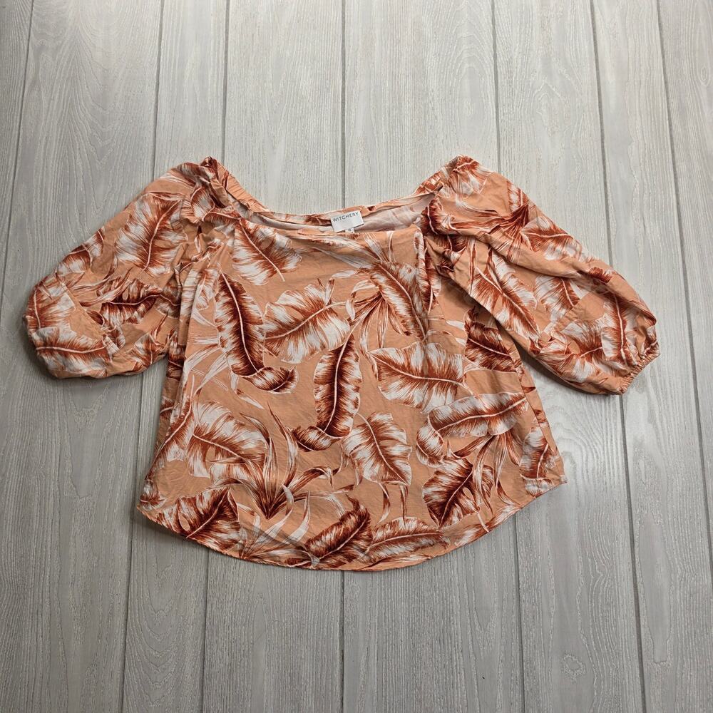 Witchery Peach Pink Tropical Print Linen Blend Blouse Size 10